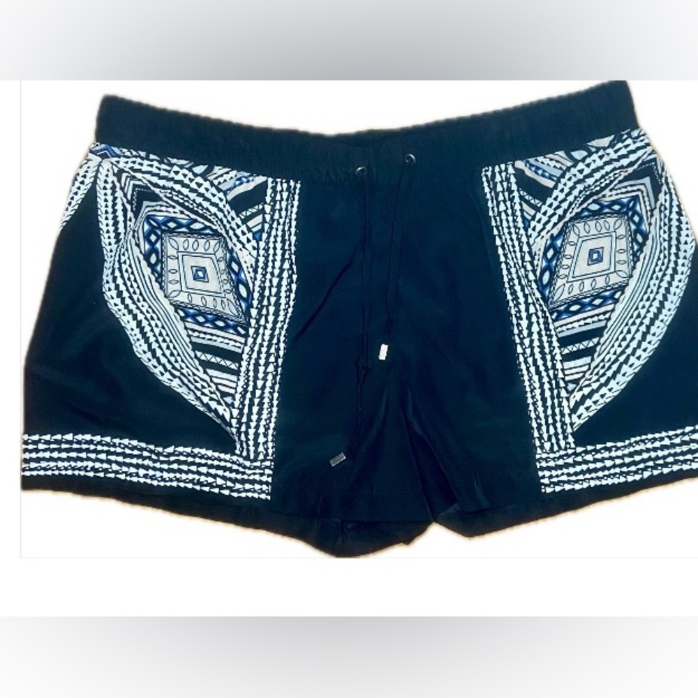 Mossimo pull on shorts. Black with white and blue design. Size L 3” inse…